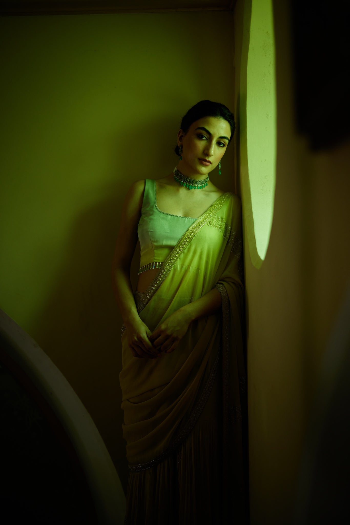 Lime green georgette Sharara Saree Set