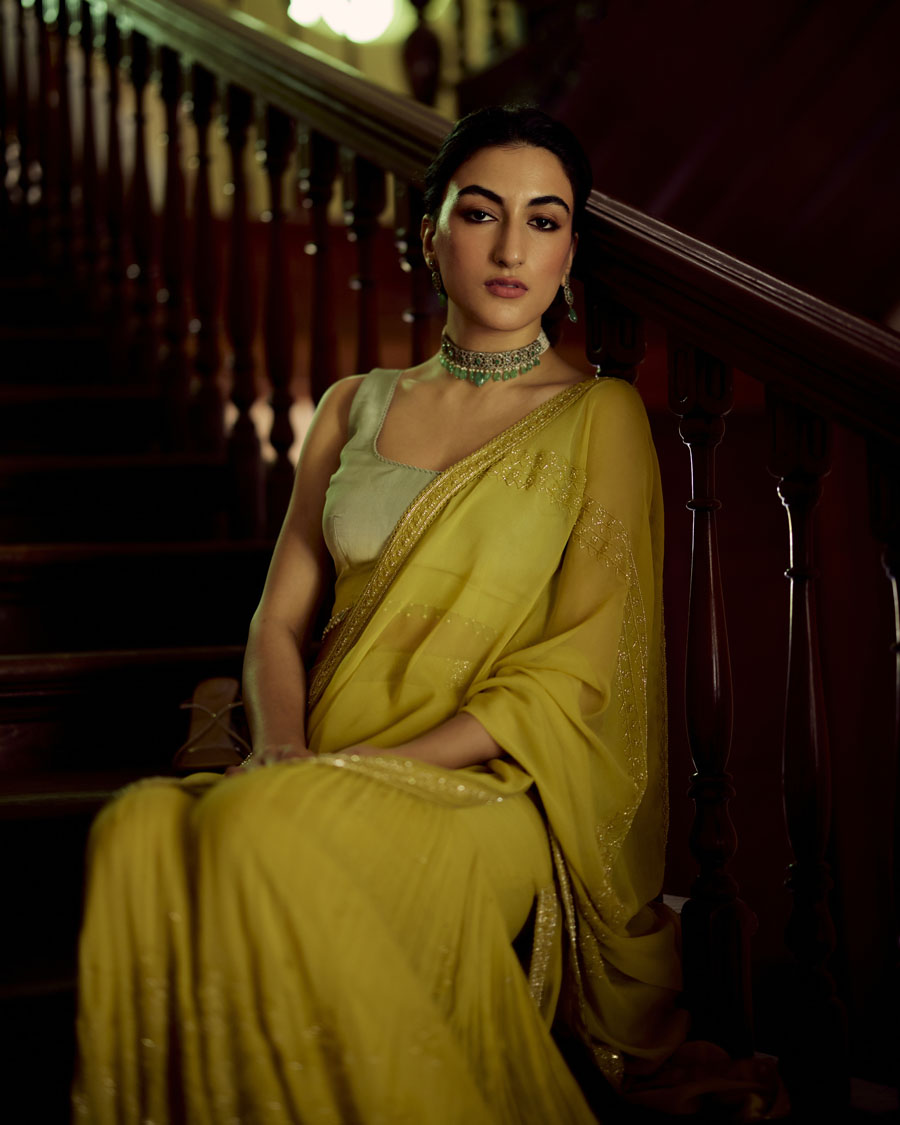 Lime green georgette Sharara Saree Set