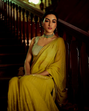 Lime green georgette Sharara Saree Set