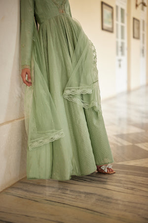 Sage Green Jacket Set Paired With Bustier And Pant Set
