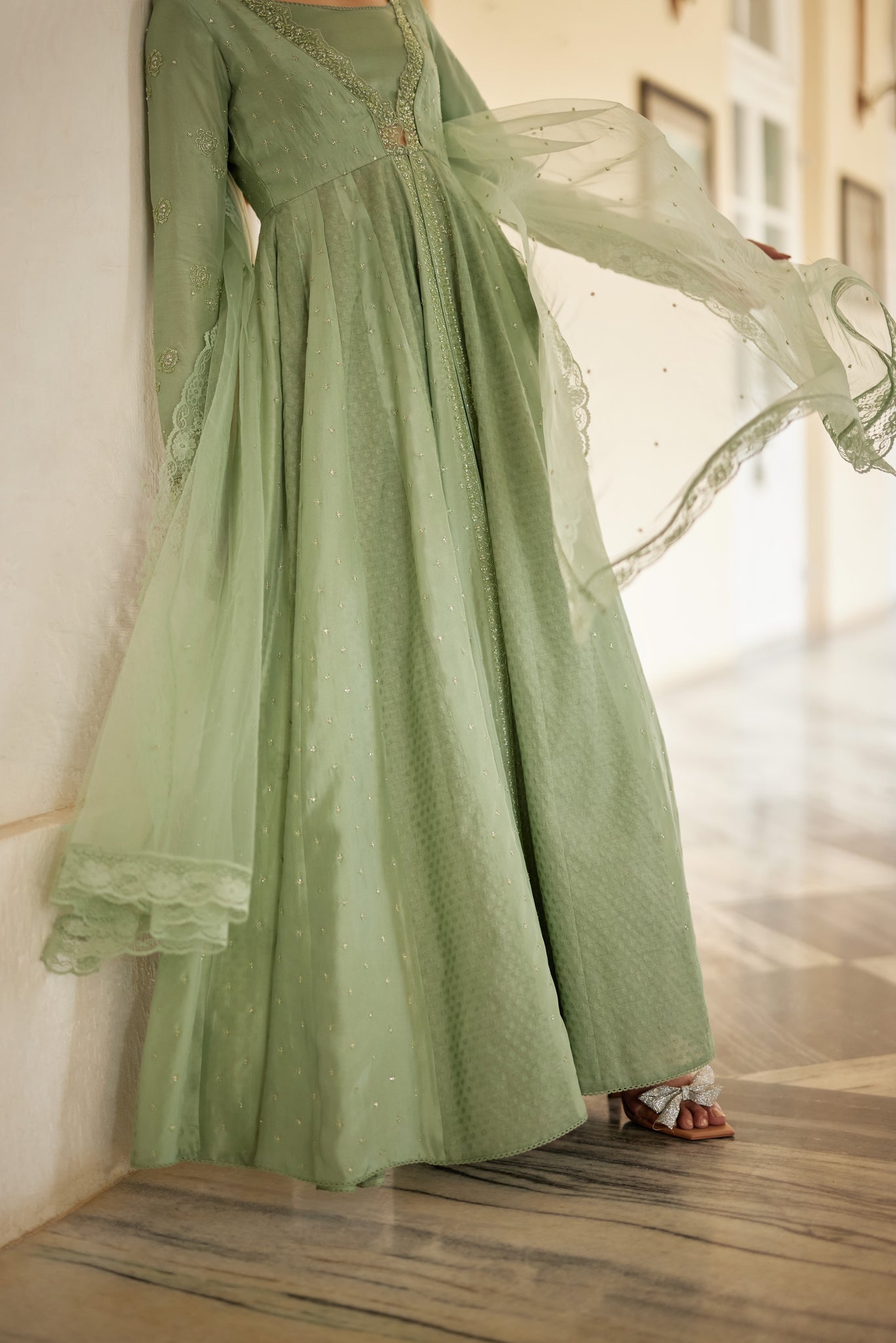 Sage Green Jacket Set Paired With Bustier And Pant Set