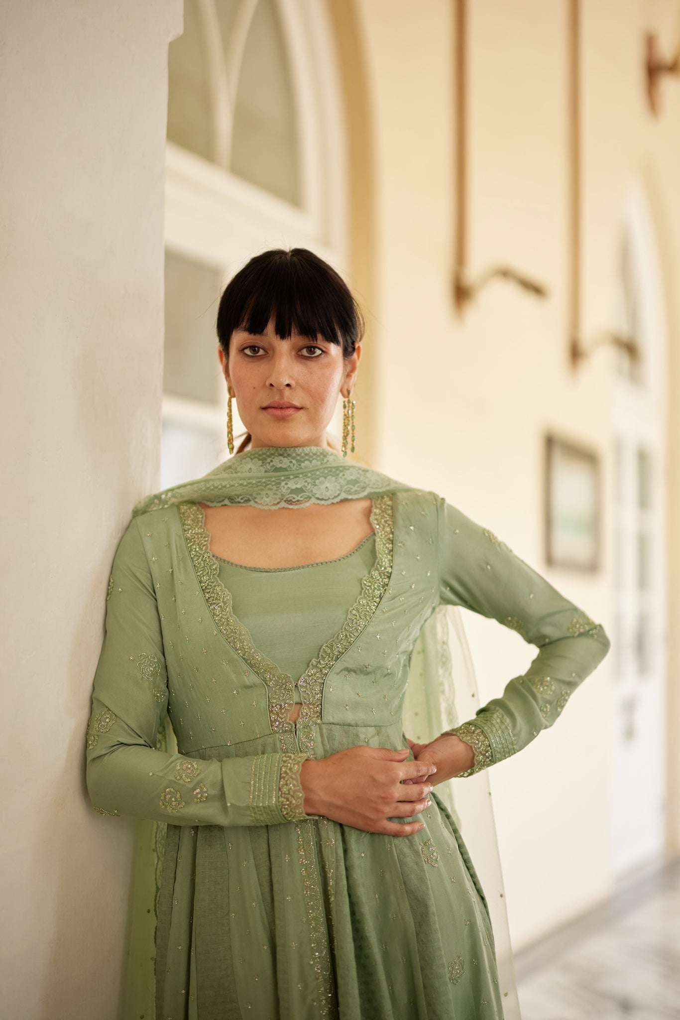 Sage Green Jacket Set Paired With Bustier And Pant Set
