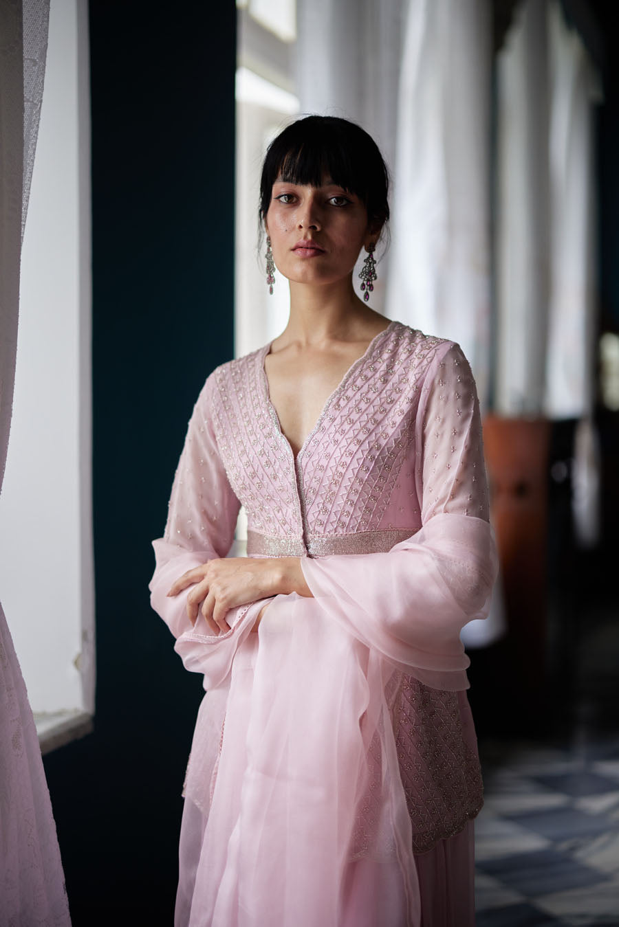 Blush Pink Georgette Peplum Kurta And Sharara Set