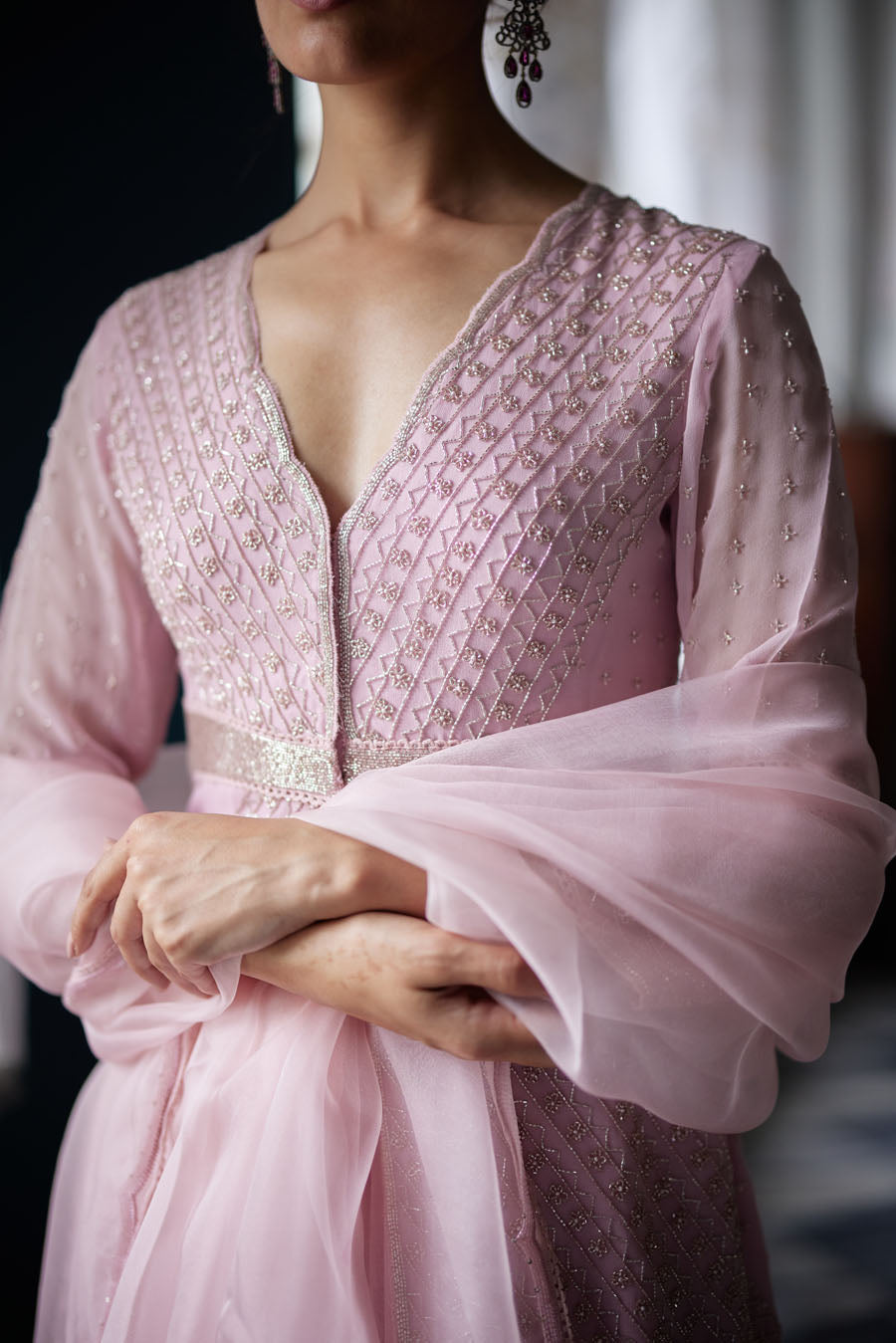 Blush Pink Georgette Peplum Kurta And Sharara Set