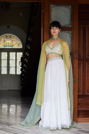Ivory Chiffon Tiered Lehenga Set