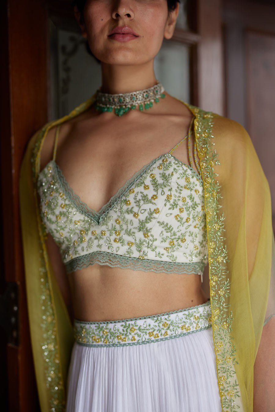 Ivory Chiffon Tiered Lehenga Set