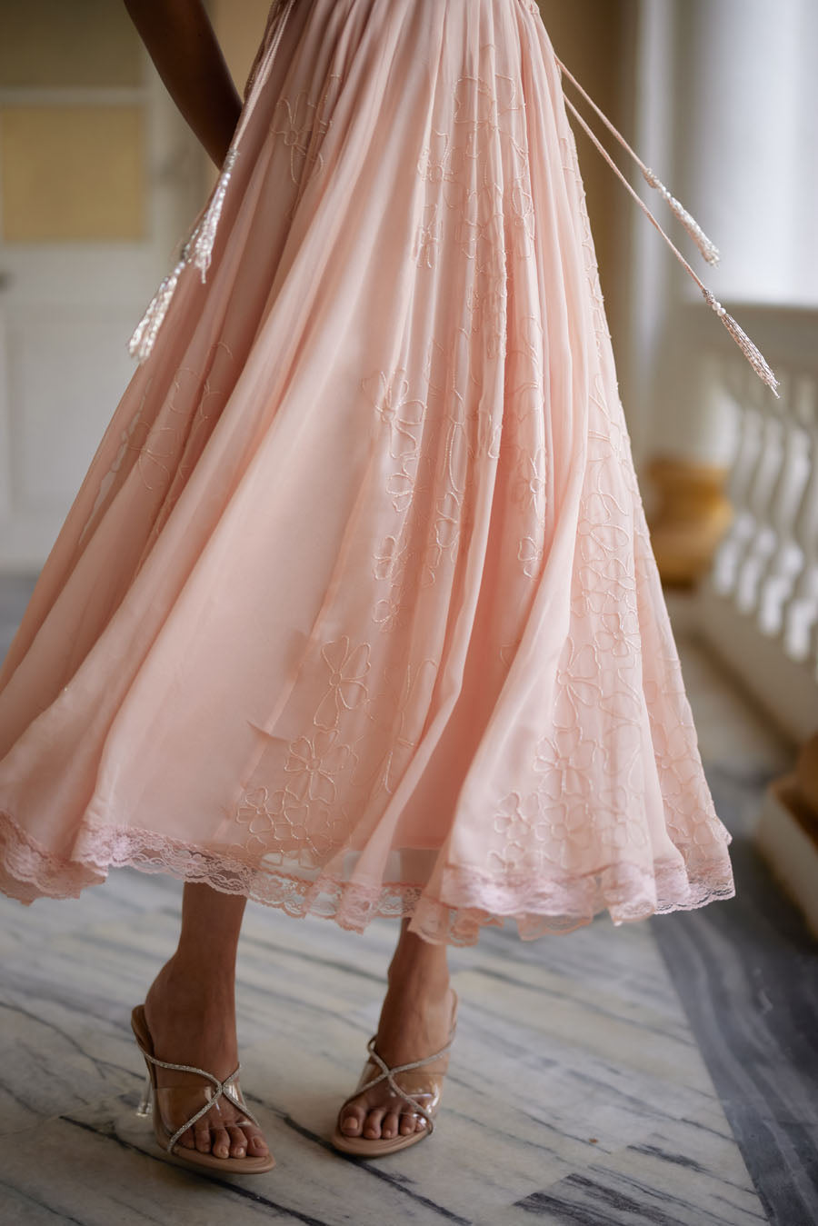 Pale Peach Gerogette Spaghetti Maxi Dress