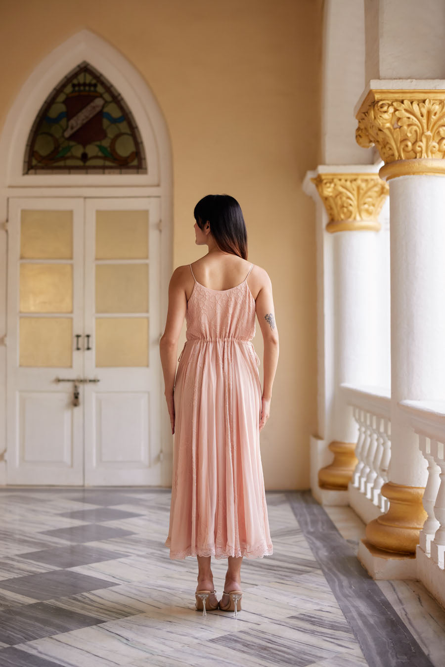 Pale Peach Gerogette Spaghetti Maxi Dress